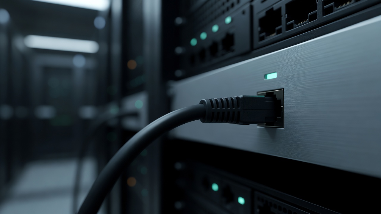 Close-up of a network cable plugged into a rack-mounted switch, status lights glowing in a dim server aisle.