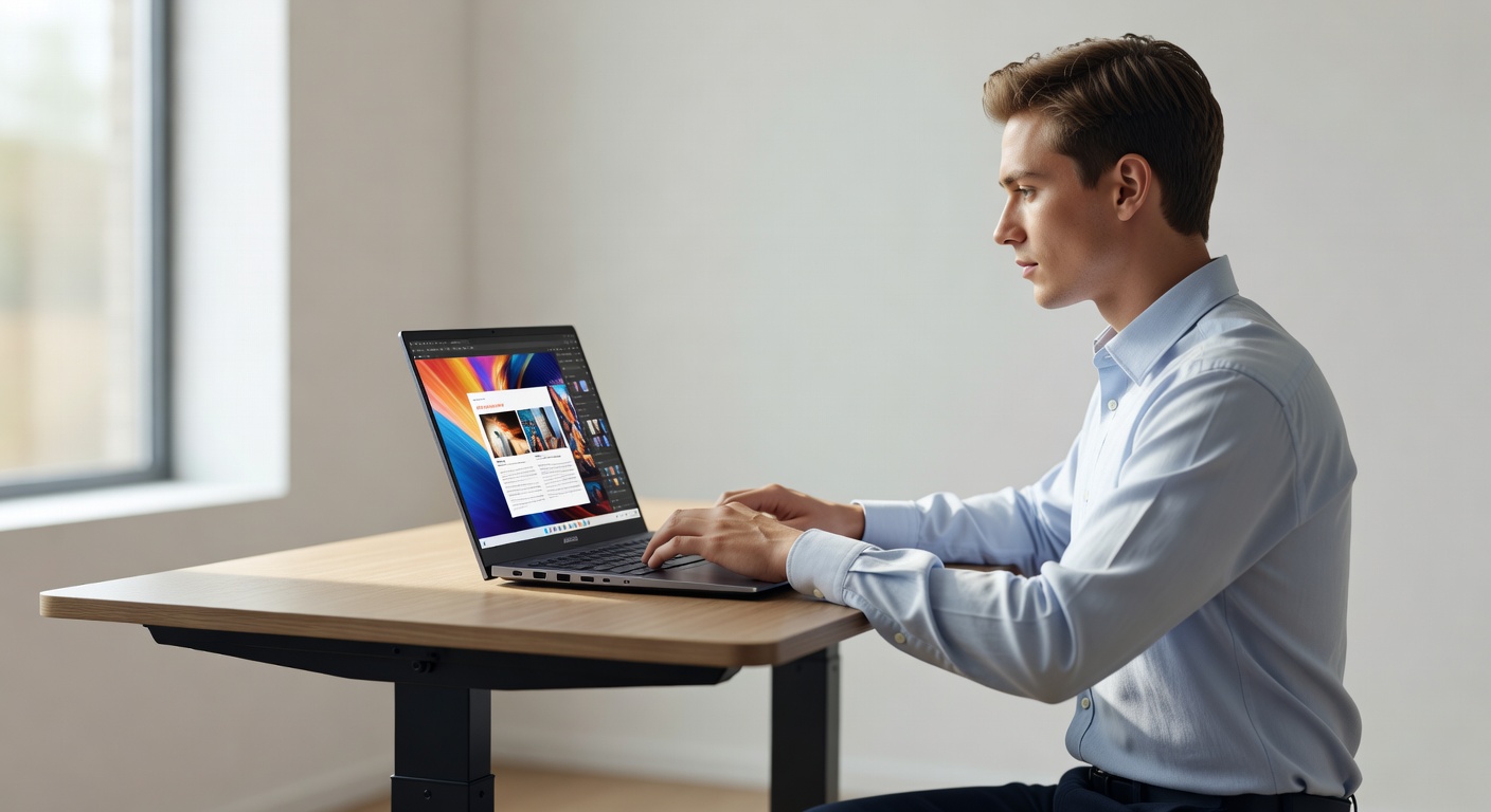 Asus Vivobook S 14 OLED being used by a person at a standing desk typing, natural office light, shot on 50mm f/1.8