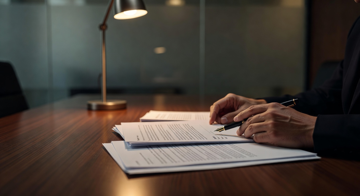close-up of analyst's hands reviewing printed contract documents on a dark wood conference table, fountain pen resting on unsigned signature page, soft tungsten desk lamp creating warm pool of light, blurred background showing glass office partition with frosted privacy film, shot on 85mm f/1.4, shallow depth of field, cinematic color grade