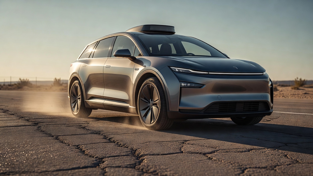Waymo autonomous robotaxi parked on cracked desert asphalt at a closed proving ground, dust settling around idle wheels, warm golden-hour sidelight raking across the vehicle body, tight macro low-angle lens.