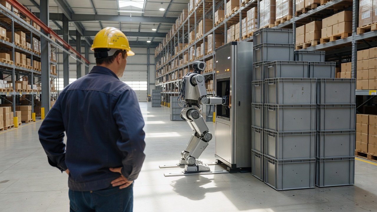 A warehouse worker in a yellow hard hat watches a humanoid robot standing at a charging station next to stacked grey tote bins.