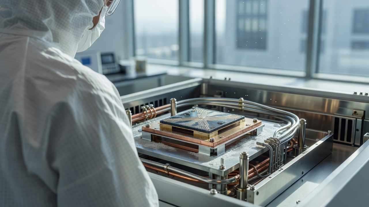 Wide over-the-shoulder shot of a technician's shoulder framing a superconducting STAR-architecture qubit chip mounted in an open dilution refrigerator stage, sunlit lab windows, bright daylight, shallow depth of field.