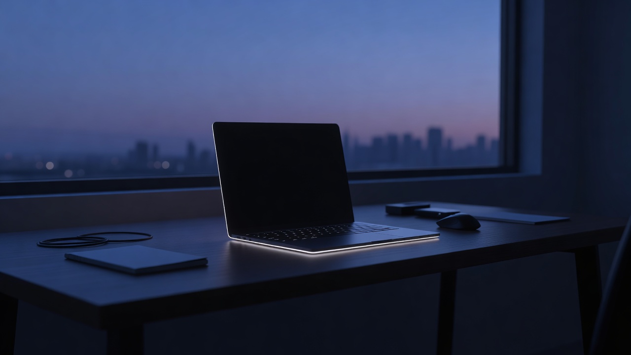 Wide blue-hour establishing shot of an empty developer workstation, a laptop lid closed with soft edge-light glow, keyboard illuminated faintly, 24mm lens, long exposure ambient light.