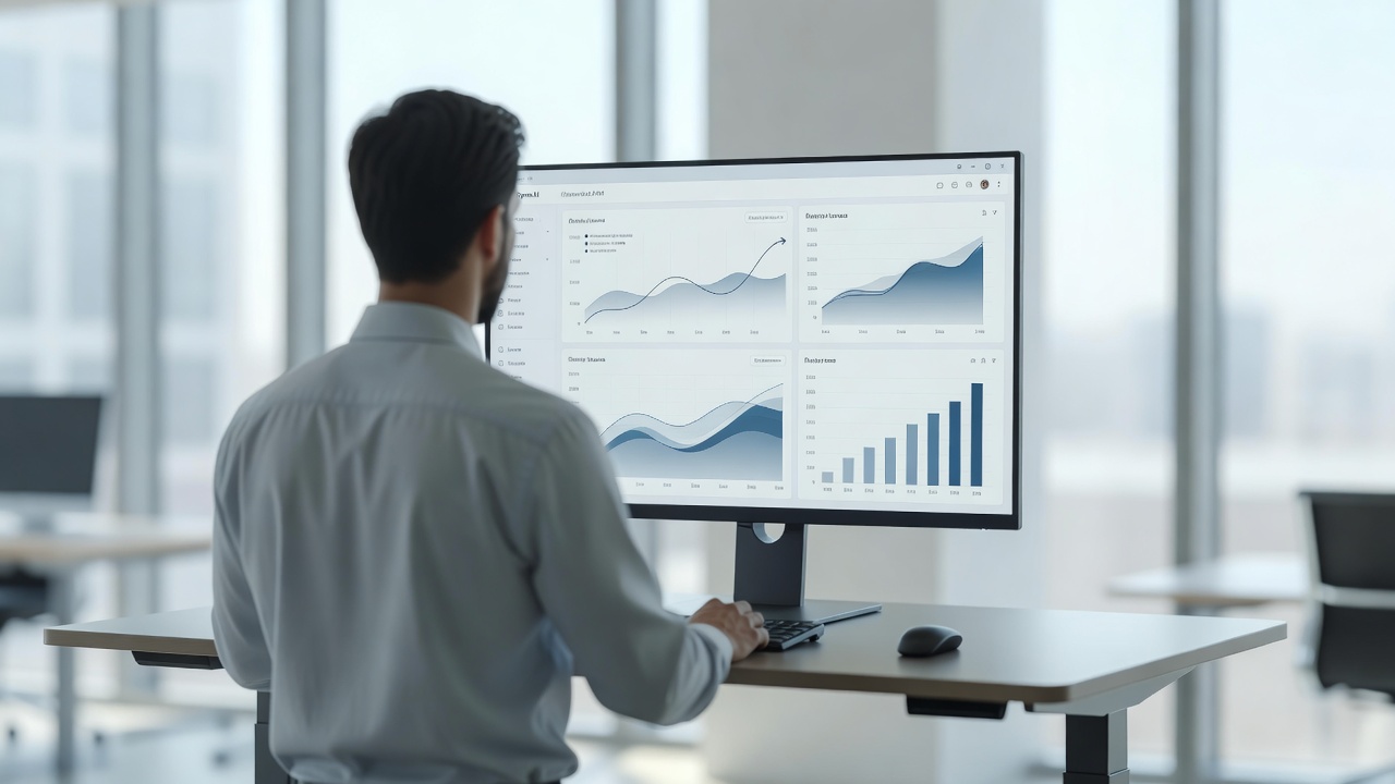 Over-the-shoulder medium shot of a person at a standing desk reviewing an OpenAI API enterprise dashboard on a large monitor, anonymized from behind, bright high-key daylight flooding from floor-to-ceiling windows, wide-aperture lens.