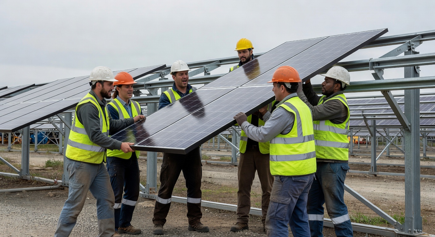 mm documentary shot of installation crew of 6 workers lifting large bifacial solar panel onto mounting structure, diverse team in hard hats and high-vis gear showing collaborative effort, diffused overcast lighting for even exposure, human scale against industrial infrastructure
