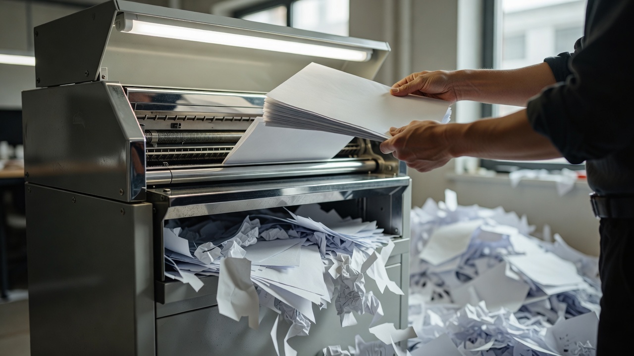 Over-the-shoulder medium shot of a person's hands destroying physical documents at an industrial paper shredder, torn book pages visible mid-feed into the metal slot, bright overhead fluorescent lighting illuminating the chrome mechanism, soft daylight from nearby window, 35mm lens with shallow depth of field