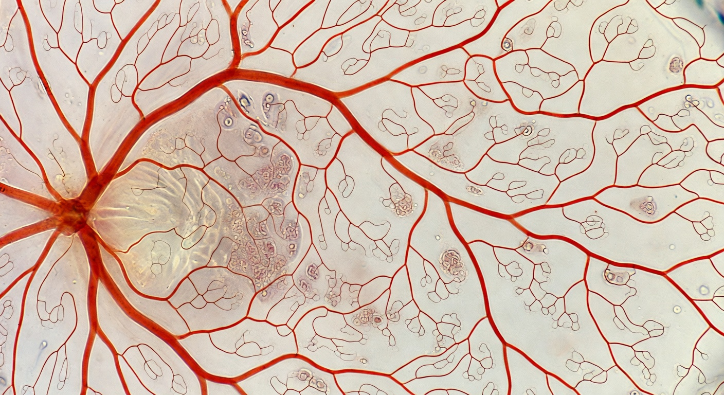 photomicrograph of human retinal vasculature showing dense branching blood vessel network across the retinal surface, clinical laboratory setting, no text, no labels, no watermarks