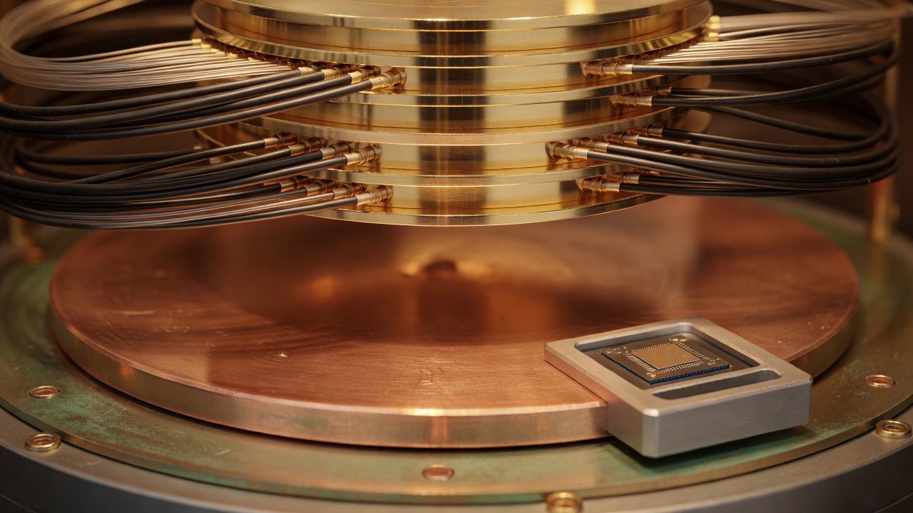 Close-up of a quantum computer's cryogenic stage, with tiered gold plates, coaxial cables, a copper plate and a small qubit chip in a metal bracket.