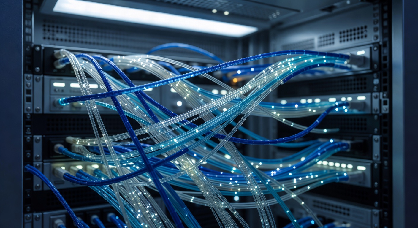 close-up of fiber optic cables inside an active financial data center server rack, dense bundled cables carrying live data traffic, cool blue and white ambient light, shallow depth of field