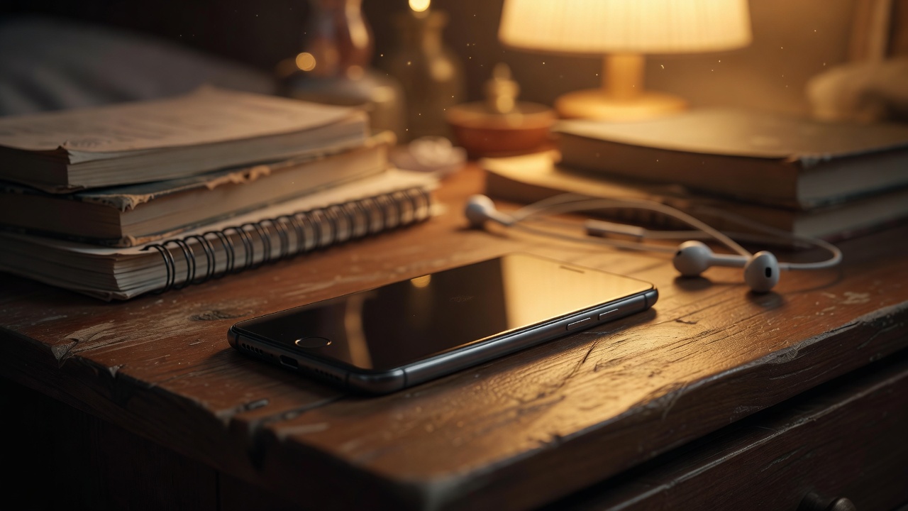 Tight macro shot of a phone screen face-down and dark on a teen's nightstand, warm bedside lamp glow bathing the surface, shallow focus, golden-hour tungsten light.