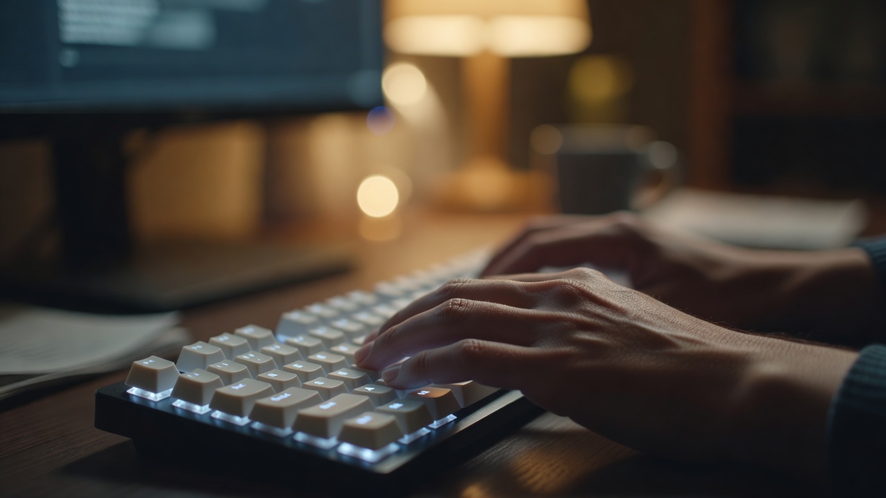 Close-up of hands typing on a backlit mechanical keyboard