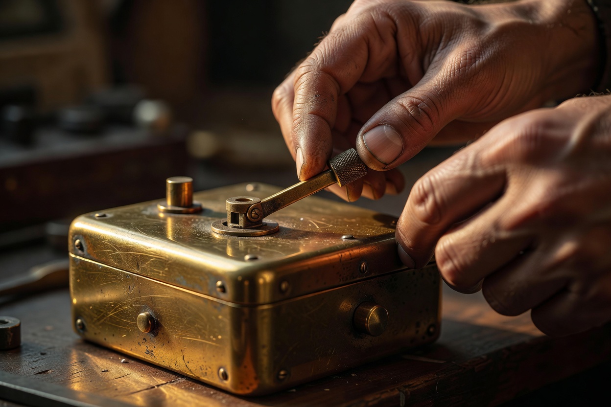 Hands adjusting a physical dropdown lever mechanism on a small brass control box, close-up macro, warm golden hour light spilling across worn metal, 85mm lens, shallow focus.