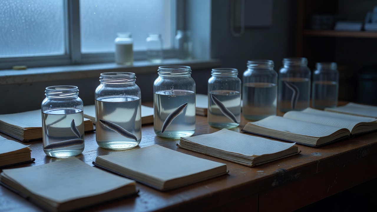 wide establishing shot of a research laboratory bench at dusk, multiple specimen jars containing live planarian flatworms in river water arranged beside open mimeographed journals and handwritten field notes, cool blue ambient light filtering through a frosted window, shallow depth of field with a wide-angle lens