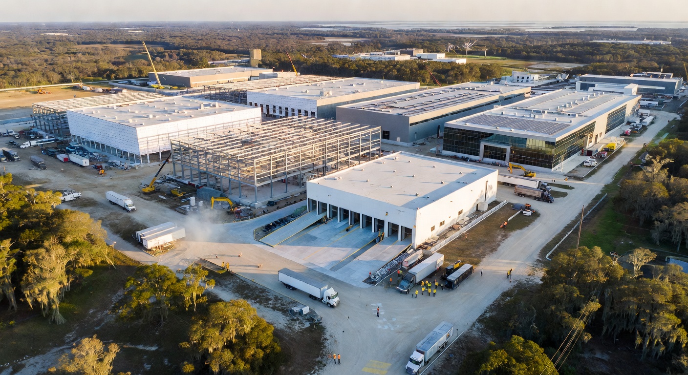 aerial view of modern solar cell manufacturing facility under construction in South Carolina with cleanroom buildings and loading infrastructure