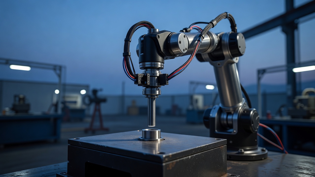 Robotic arm end-effector pressing a cylindrical peg into a matching socket on a dark metal fixture, force-sensor wiring visible, cool blue-hour ambient light, wide shot, shallow depth of field.