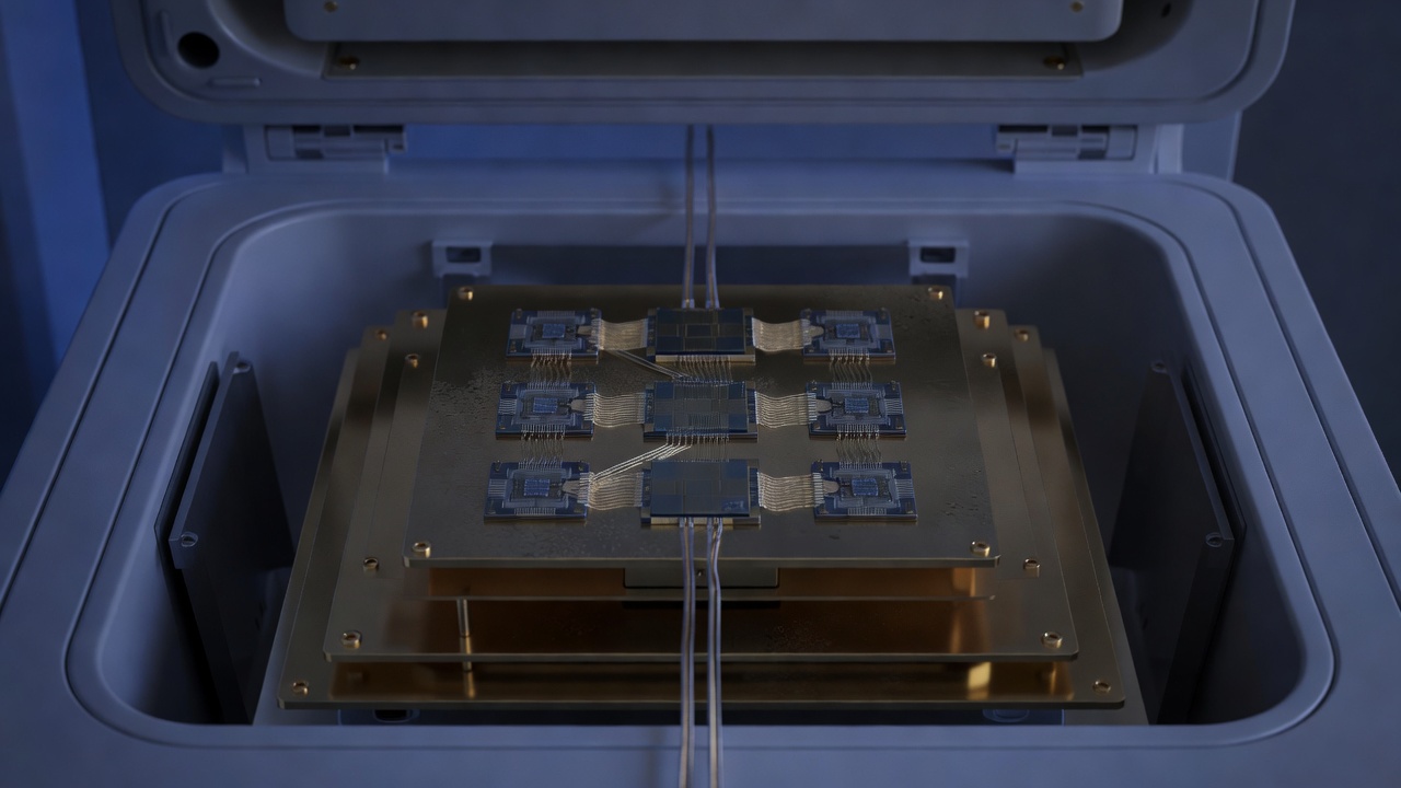 Open dilution refrigerator chamber holding stacked gold plates with several small quantum chips connected by fine wiring and cables, lit in cool blue light.