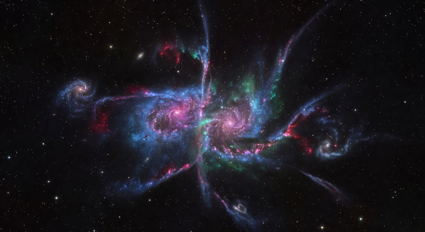 false-color astronomical image of two colliding spiral galaxies showing tidal bridges and trailing spiral arm structures mid-merger, deep space background, no text, no labels, no watermarks