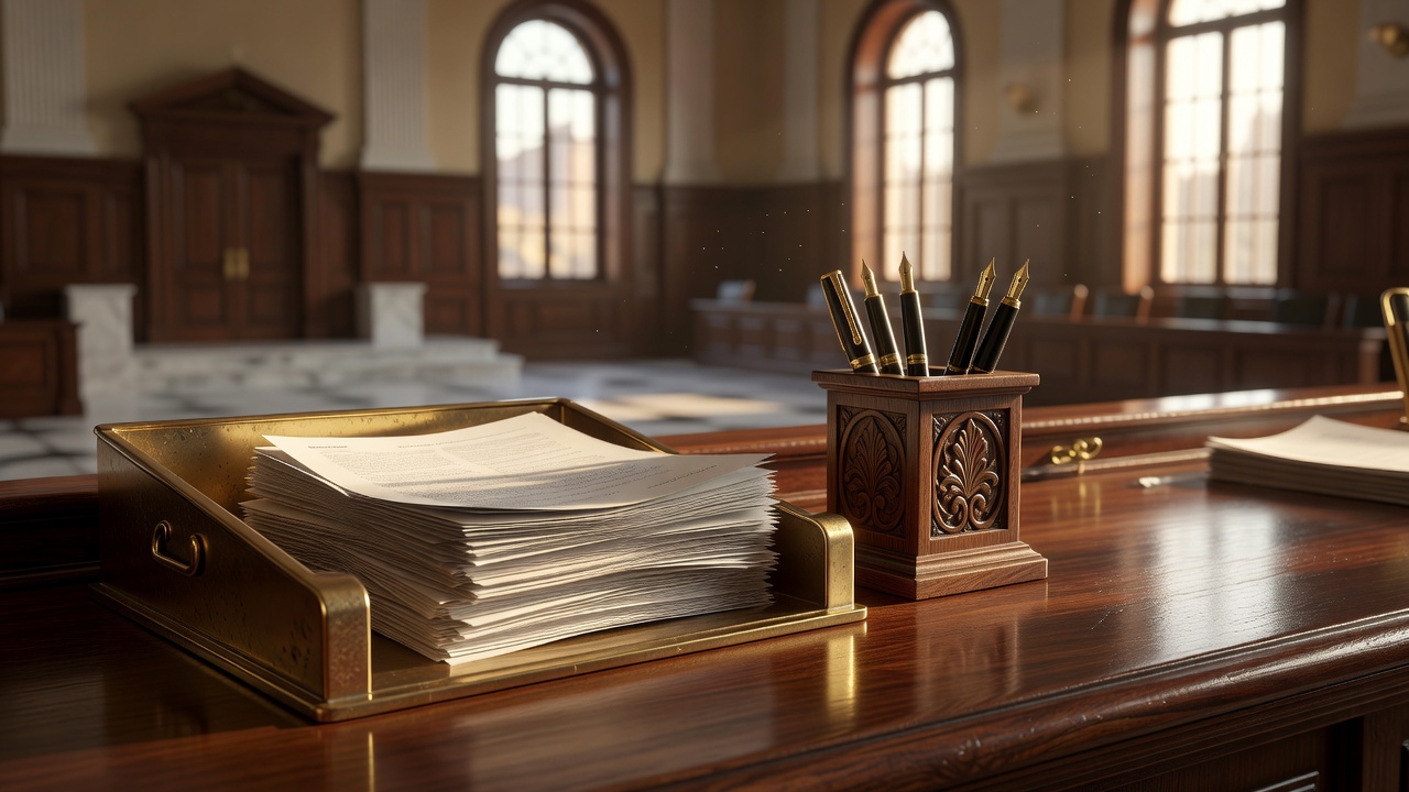 Courthouse filing counter with stacked motion documents beside carved wood paneling.