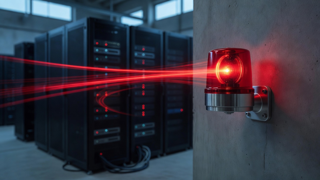 Wide establishing shot of a data center corridor's emergency access hatch standing open at the far end, cool blue emergency lighting spilling out, motion-blurred air, empty foreground, wide-angle lens, blue-hour ambient glow.
