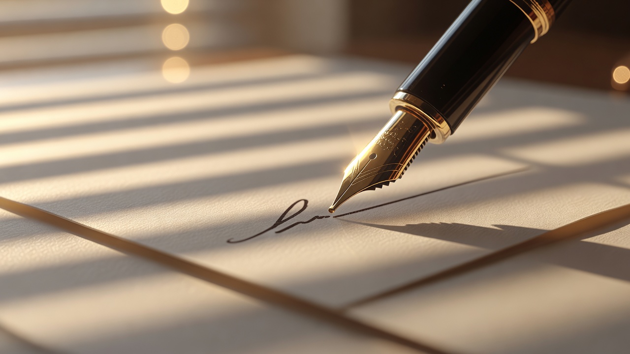 Tight macro of a fountain pen signing the top edge of a cream legal document, gold nib catching warm late-afternoon sunlight through window blinds, shot with 100mm macro lens, f/2.8 depth of field isolating signature line.
