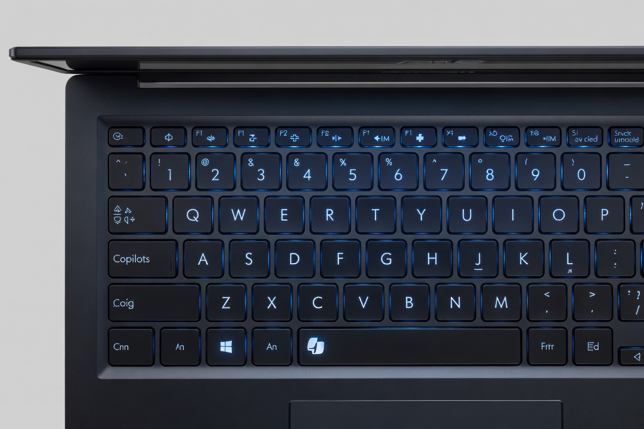Asus Vivobook S 14 OLED keyboard close-up showing chiclet keys with blue RGB backlight illumination and the Copilot key,