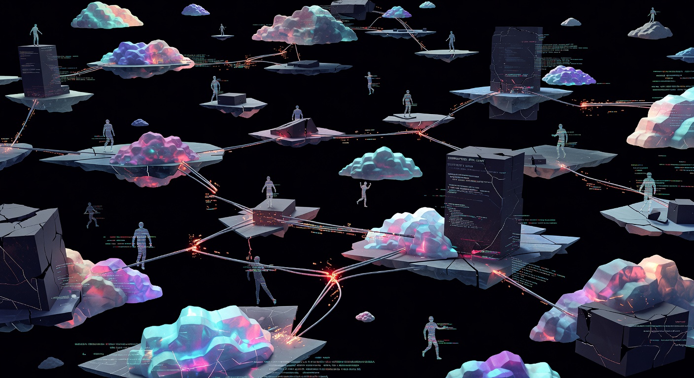 Abstract visualization of fragmented multi-cloud chaos, scattered AI agent icons dispersed across disconnected platform islands floating in dark space, broken connection lines and isolated data silos creating sense of organizational disorder