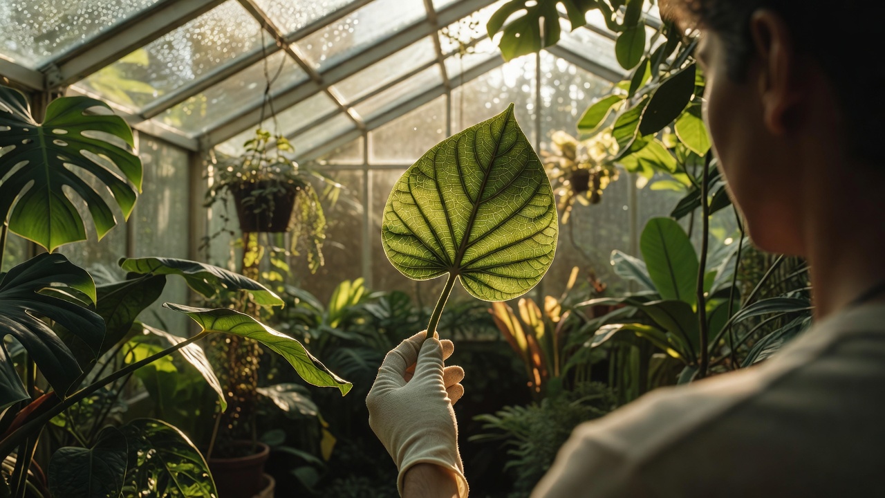 Sunlit greenhouse's photosynthetic leaf held close to camera, backlit veins glowing warm green-gold, researcher's gloved hand steadying the stem over-the-shoulder, bright daylight, 50mm lens, natural soft light