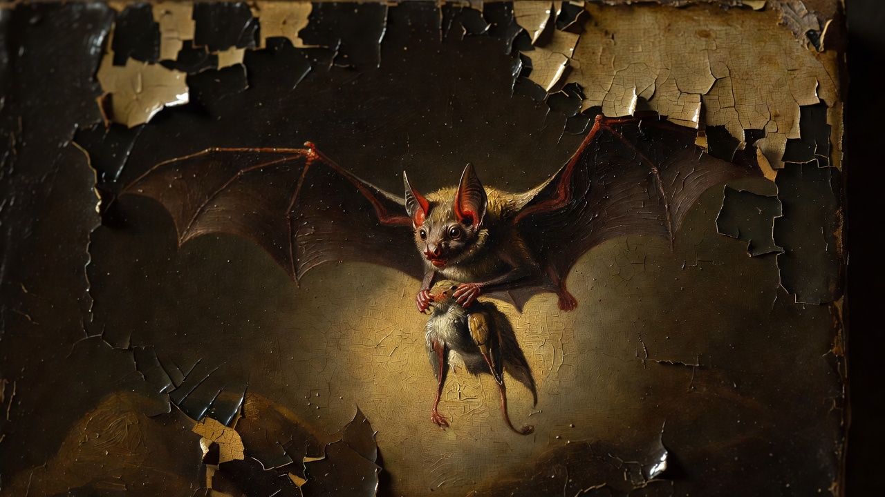 Low-angle hero shot of a weathered Flemish oil painting detail, upper-right corner fragment showing a reddish-brown bat clutching prey mid-flight, peeling varnish and aged canvas texture visible, moody chiaroscuro pool lighting, deep shadow surround, macro lens shallow depth of field.