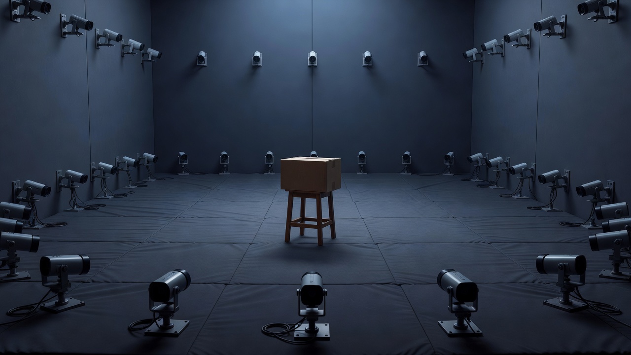 Empty motion capture studio with padded floor, cameras mounted around the walls, and a cardboard box resting on a wooden stool at center.