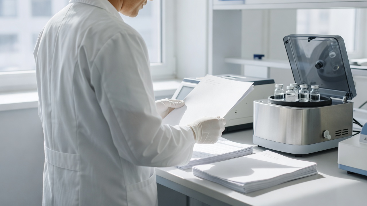 Over-the-shoulder medium shot of a researcher reviewing printed Phase I trial data sheets beside a benchtop centrifuge holding cell therapy samples, bright high-key daylight streaming through a lab window, shot on 50mm lens with clean overexposed clinical whites.