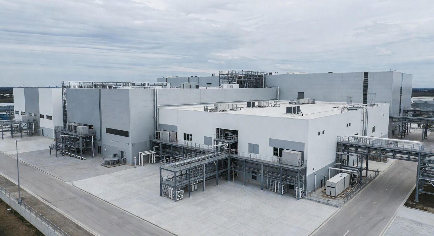 aerial view of a modern semiconductor fabrication facility exterior with cleanroom module architecture and utility infrastructure, overcast natural daylight, wide-angle architectural lens with slight elevation