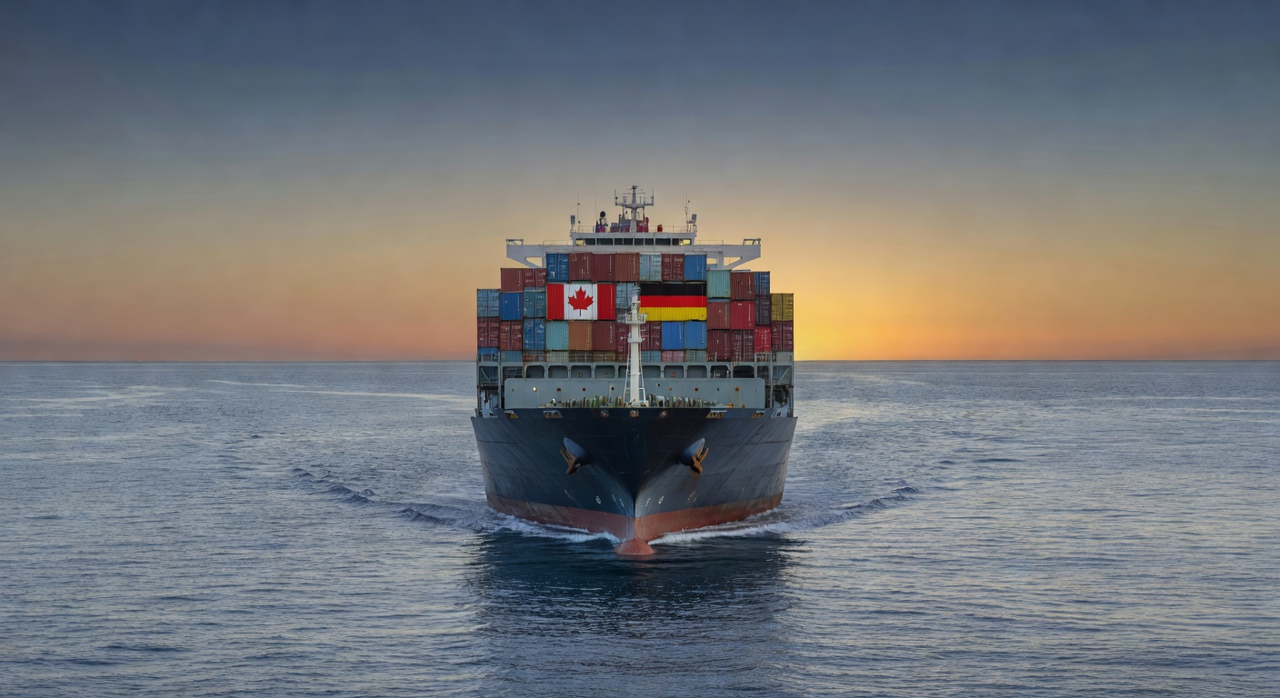 Dusk photograph of a transatlantic shipping container vessel with Canadian and German national flags painted on adjacent containers stacked at deck height.