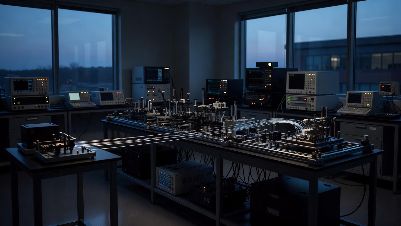 Scattered electronic instruments and thin optical fibers running from one table to another.