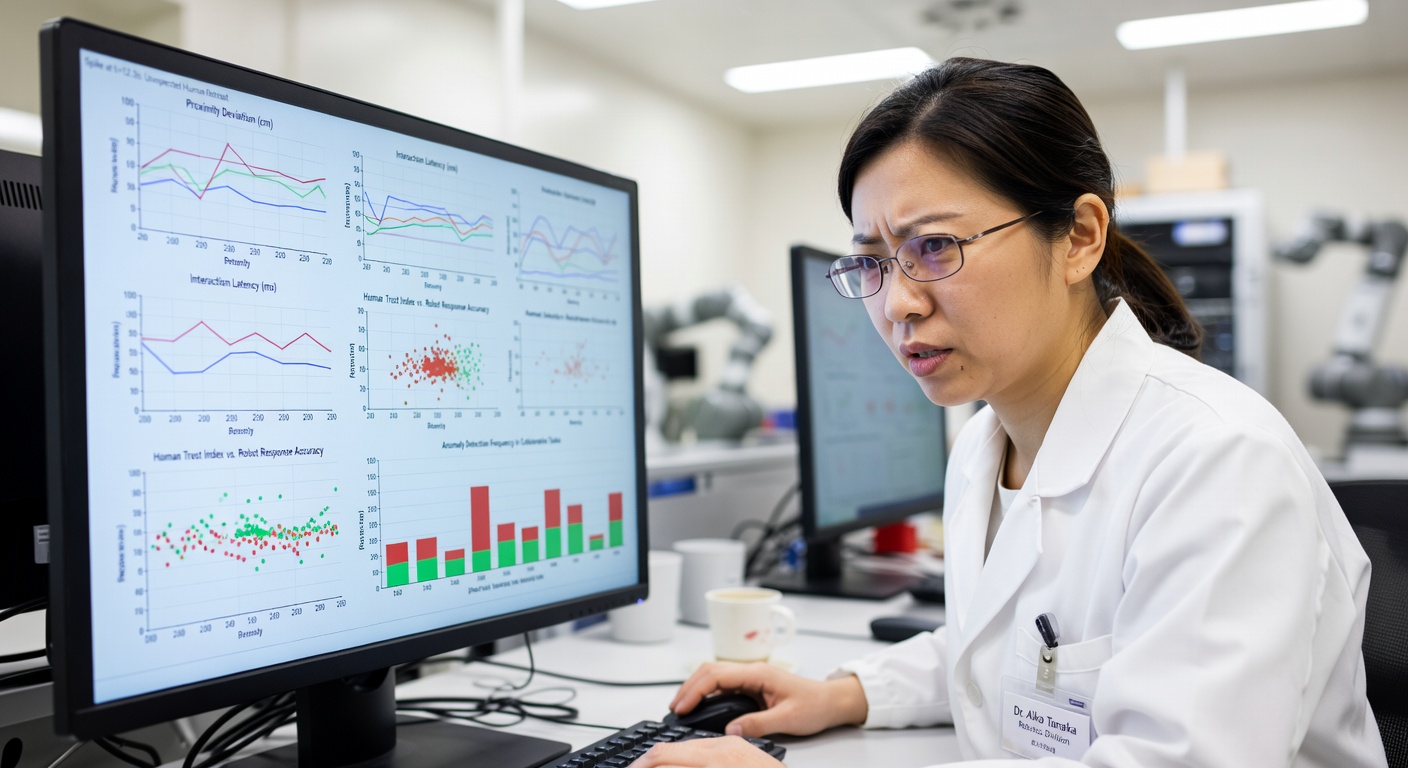 Researcher analyzing robot-human interaction data on computer monitor