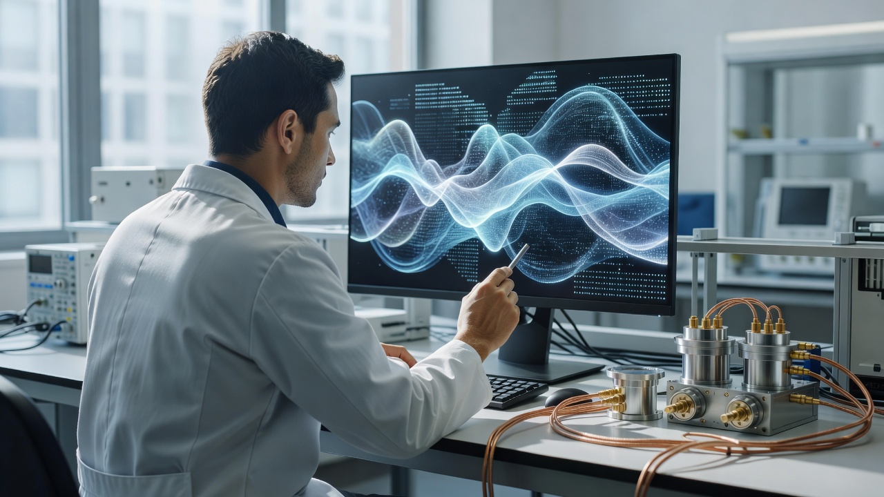 Over-the-shoulder medium shot of a physicist at a quantum error-correction workstation examining holographic code simulation results on a monitor, superconducting processor components visible on the bench, bright high-key daylight from laboratory windows, 50mm lens.