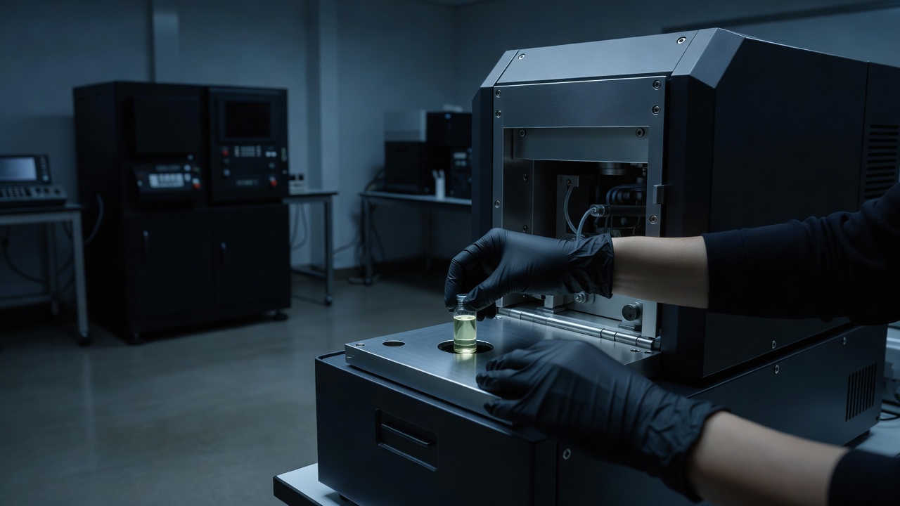 Gloved researcher's hands positioning a blood plasma vial into a mass spectrometer's sample tray, wide shot, dim blue-hour lab glow, distant instrument panels dark, shallow depth of field.