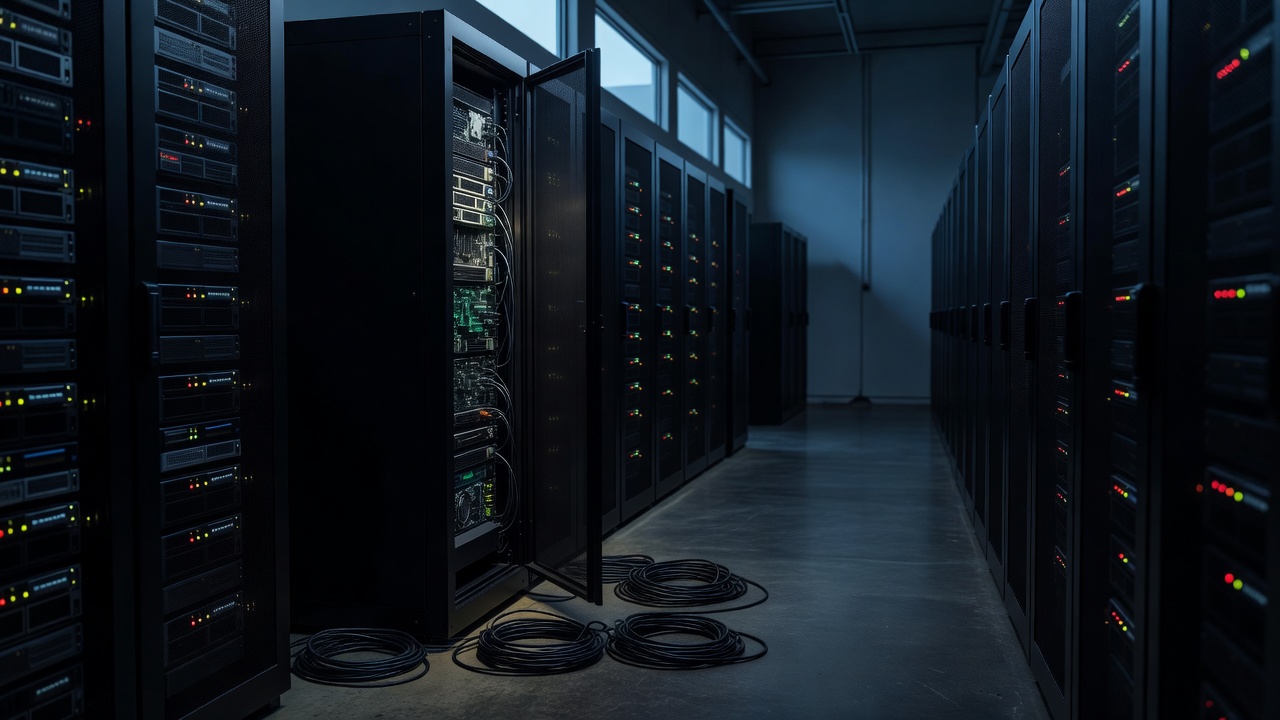 Dim data-centre aisle lined with server racks, one cabinet door standing open beside coils of network cable on the concrete floor.