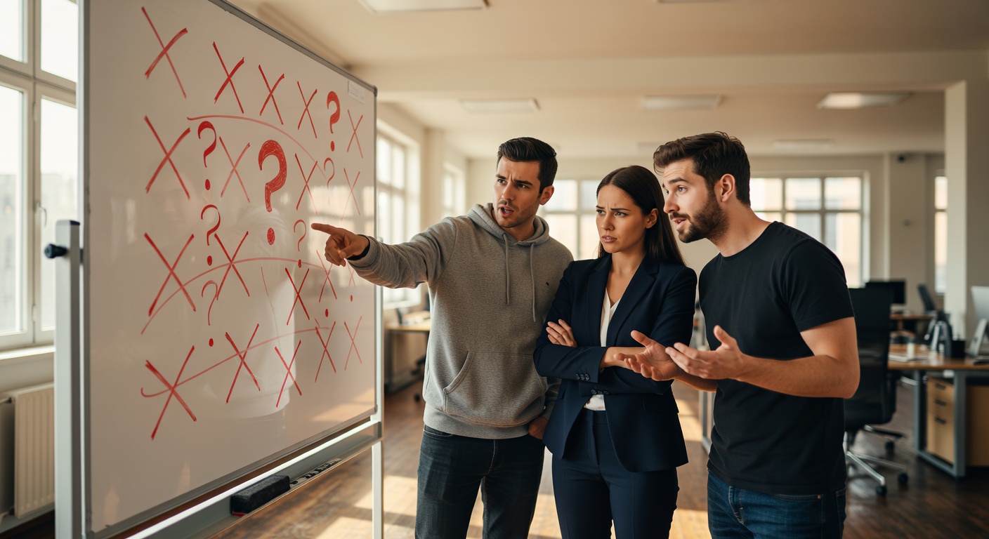 Three software engineers huddle around a whiteboard covered in red X marks and circled question marks, their gestures frozen mid-debate as afternoon sunlight streams through tall windows, shot on 50mm with natural overhead lighting and shallow depth of field.