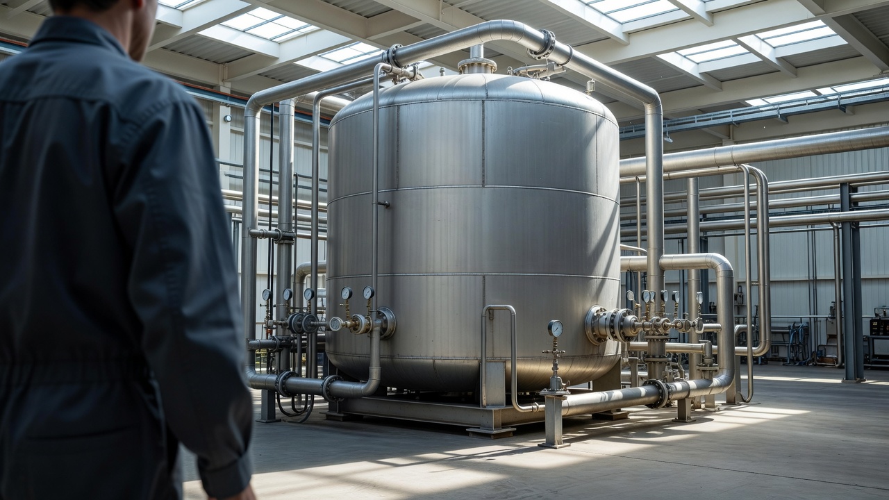 over-the-shoulder medium shot of a Linde Engineering cryoplant industrial refrigeration unit on a factory floor, massive cylindrical vacuum-insulated vessel and stainless steel pipework visible, bright high-key daylight from overhead skylights, 50mm lens, f/8