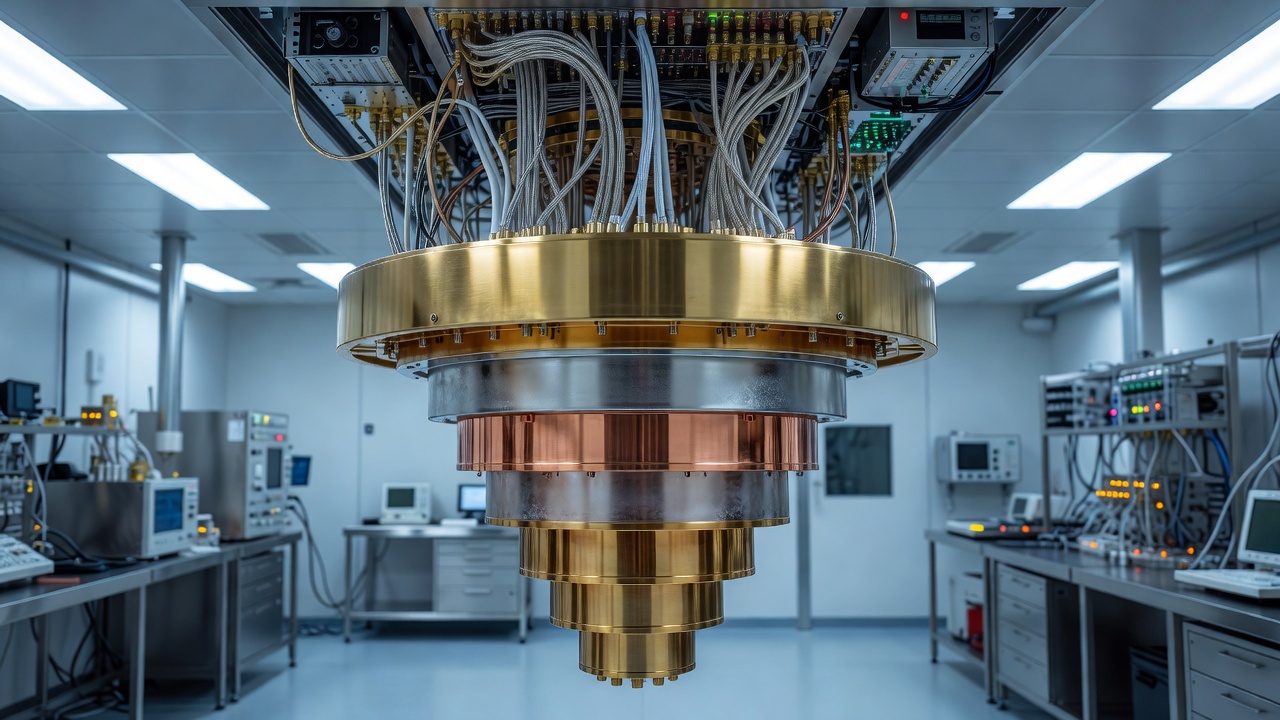 Macro shot of a superconducting qubit chip's gold-plated cryostat mounting hardware and coiled wiring, warm amber lamp glow, shallow depth of field, close-up lens.