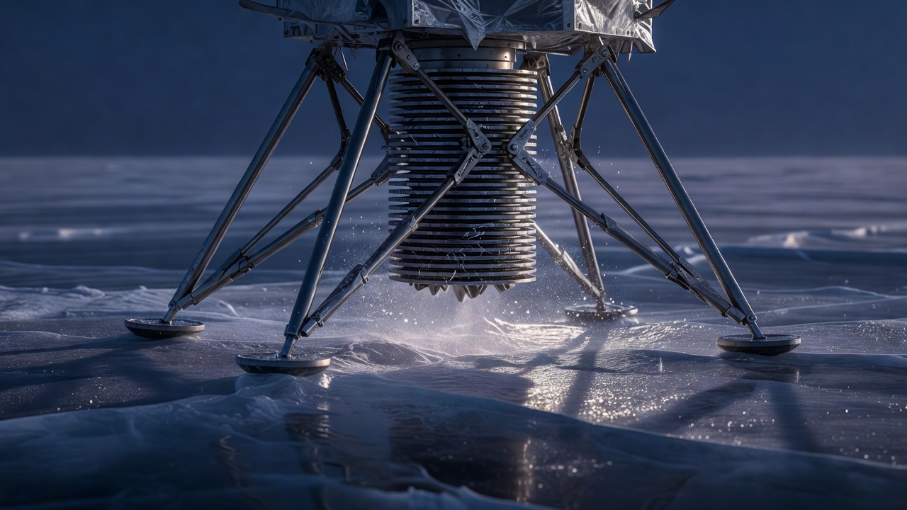 Extreme close-up of Ice Dart's X-shaped landing legs and 38-disk friction shock absorber flexing on impact against dark ice, blue-hour glow, telephoto compression, cool sidelight.
