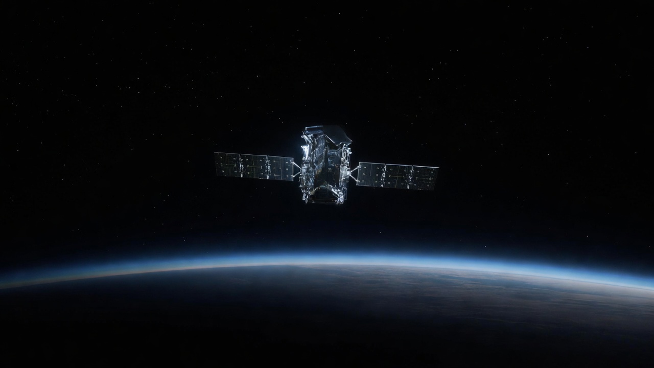Wide-angle view of the Euclid space telescope in orbit above Earth's limb, solar panels extended, deep black space behind, cool blue-hour earthglow illuminating the spacecraft hull, shot with a long telephoto compression, soft diffused starlight.
