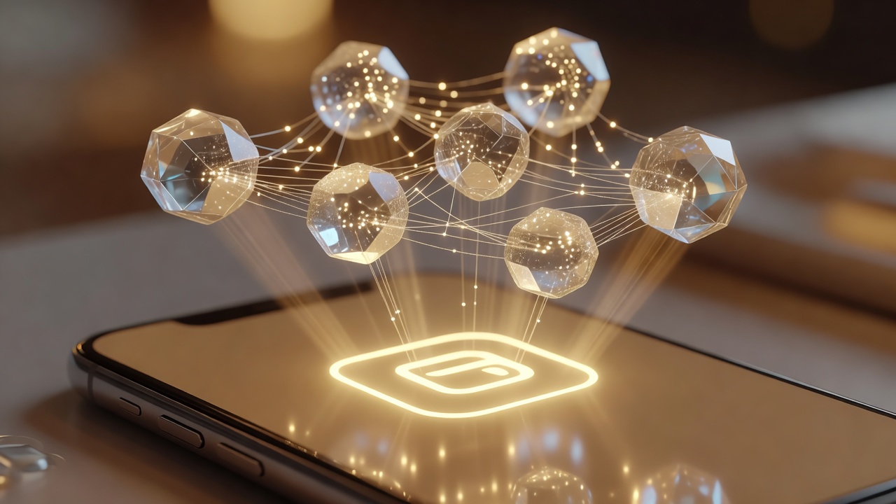 A cluster of translucent floating data nodes and glowing connection threads hover above an open smartphone banking app icon, warm amber backlight, extreme macro lens, shallow depth of field.