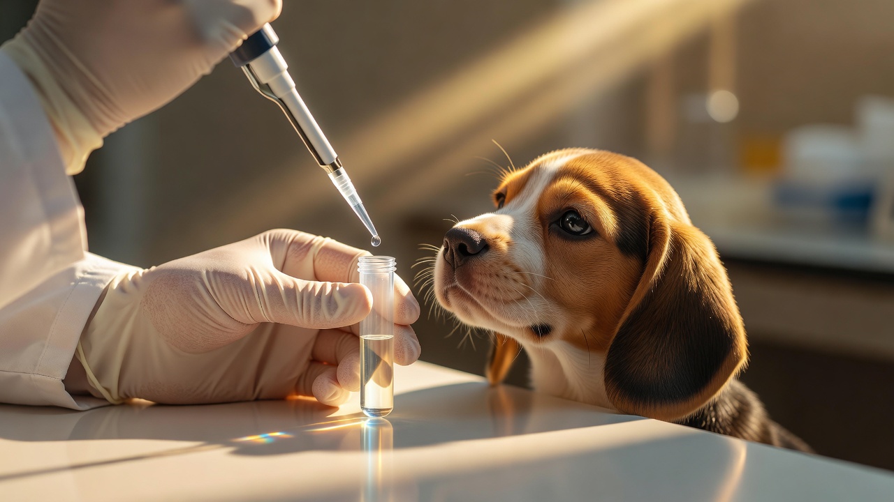 Tight macro close-up of a gloved researcher's fingertip pipetting a clear solution into a beagle puppy's cheek-swab collection tube on a lab bench, warm golden-hour light raking across latex and glass, shot on 100mm macro lens, f/2.8.