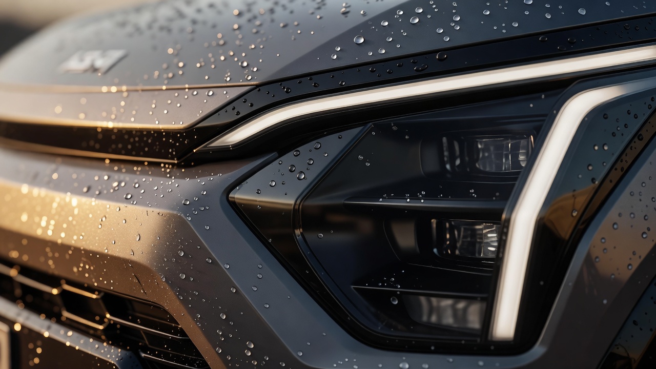 Kia EV3 headlight cluster and grille texture in extreme macro, dew droplets catching light, warm golden-hour rim lighting, shallow depth of field, prime lens.