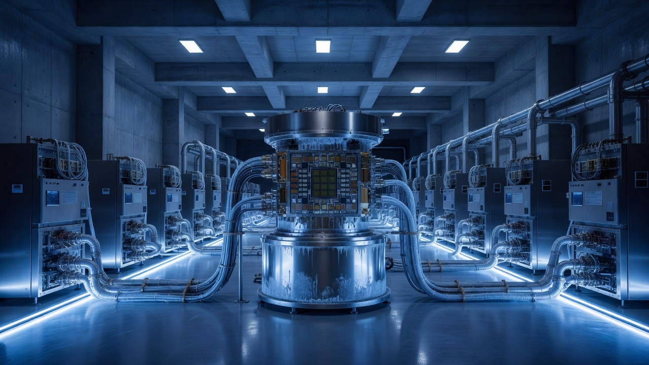 Wide establishing shot of China's Tianyan-504 superconducting quantum processor housed in a cavernous cryogenic research facility, rows of dilution refrigerators receding into background depth, cool blue-hour ambient glow, shot on 24mm wide-angle, f/8, long exposure.