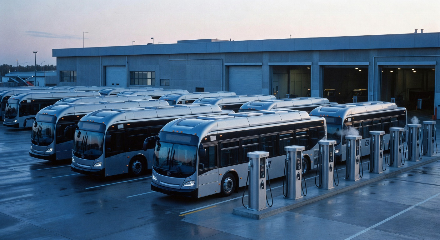 Hydrogen fuel-cell transit buses at a depot refueling island
