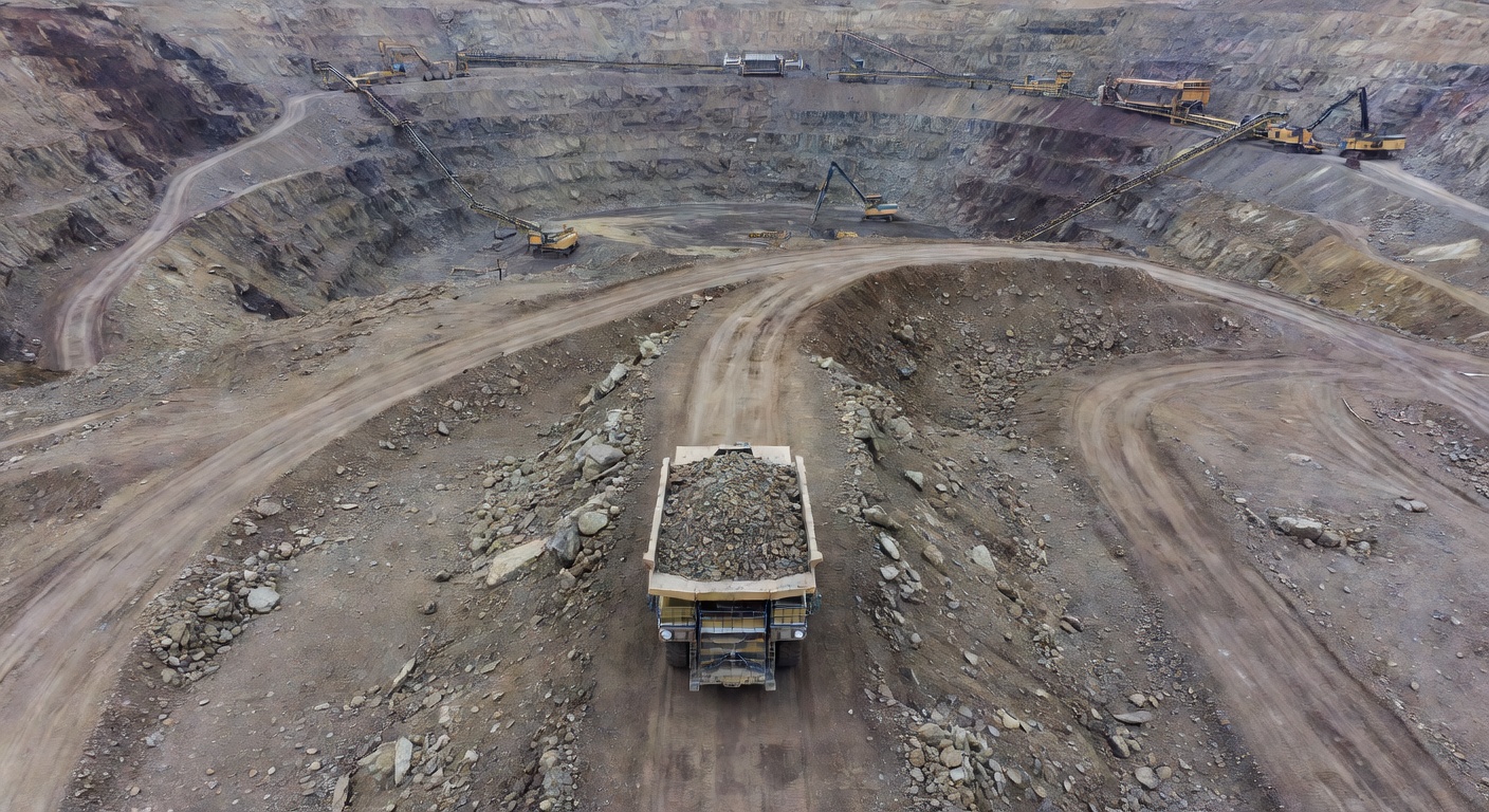 Aerial drone shot looking straight down at an autonomous excavator moving granular bulk material across a construction aggregate yard, tracked paths visible in the surface, no operator visible, overcast industrial daylight.