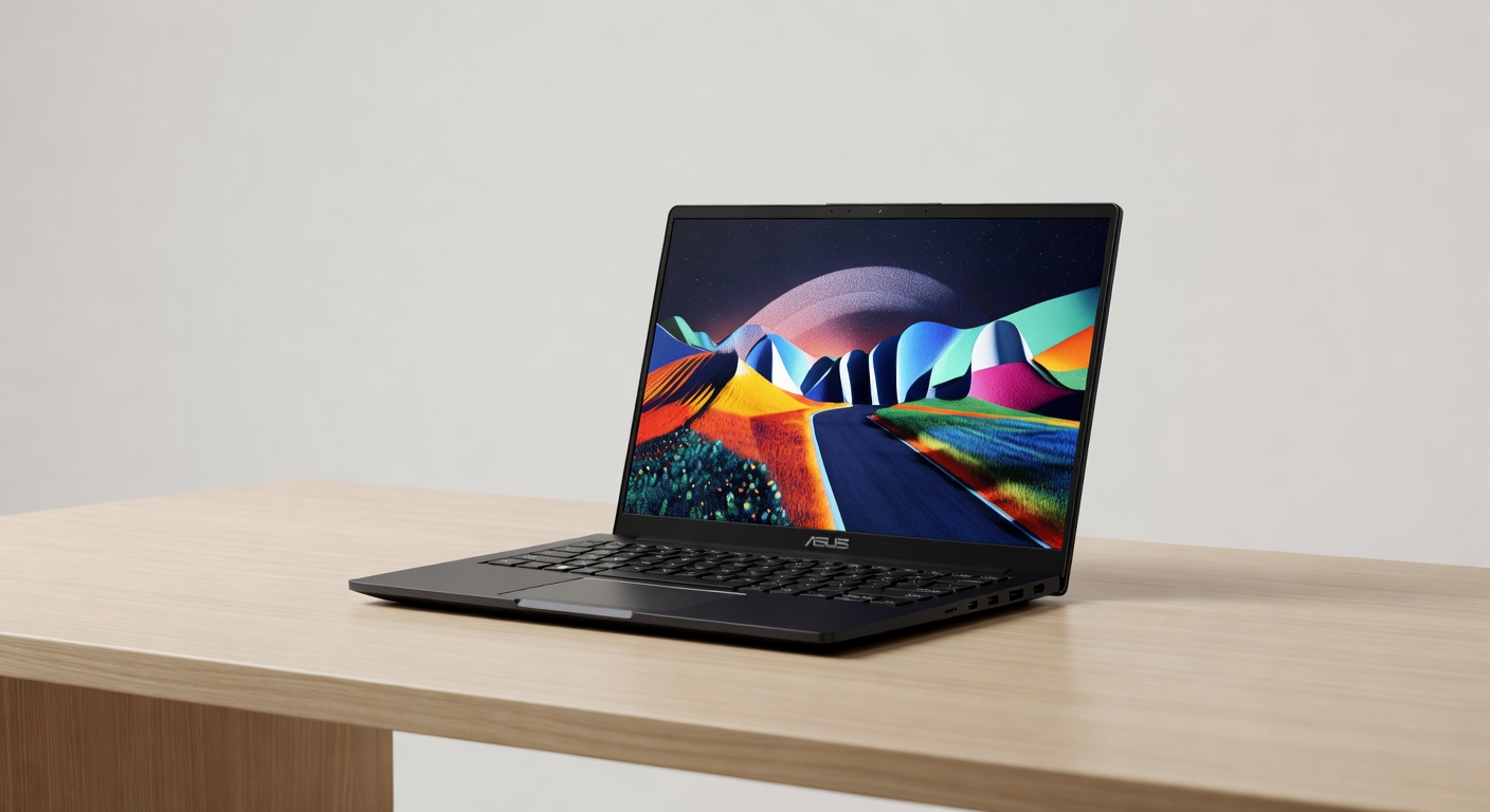 Asus Vivobook S 14 OLED front-open view showing the matte black chassis and OLED display glowing in a clean desk setup, 