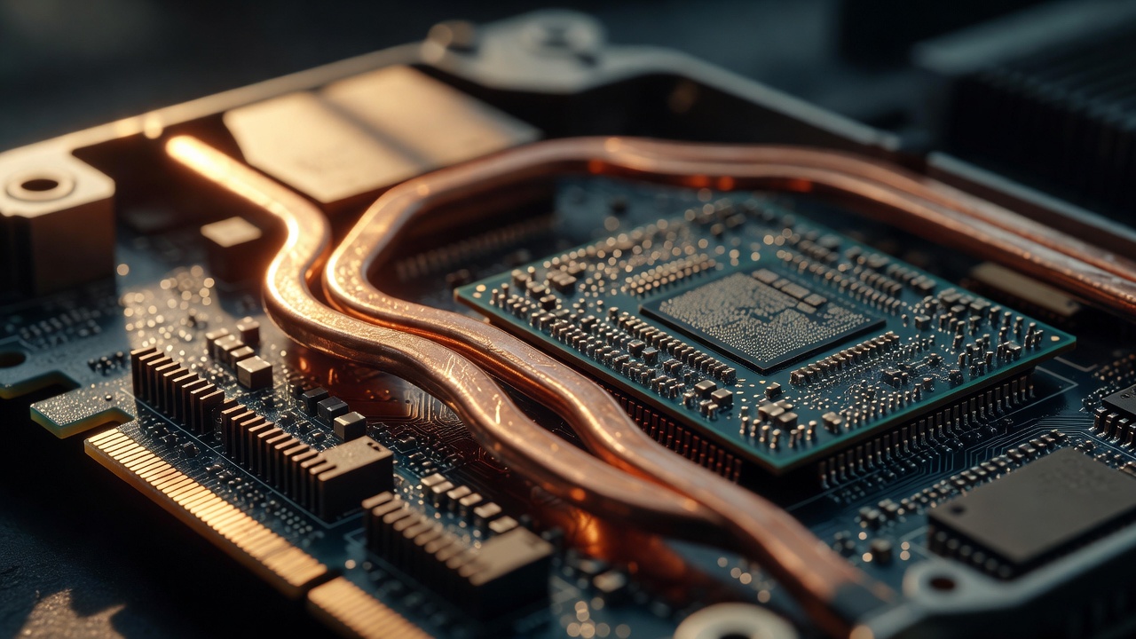 Tight macro close-up of a server blade's copper heat pipes and soldered processor substrate, warm golden light raking across metallic surfaces, shallow depth of field, 50mm macro lens.